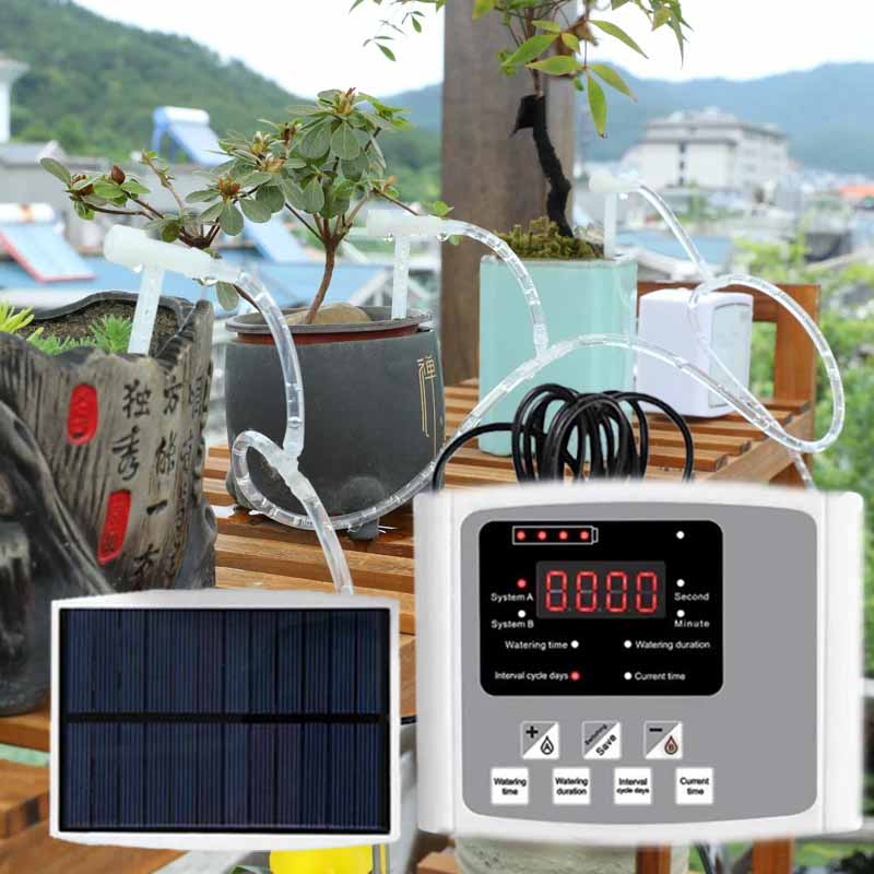 Smart Garden Irrigation System - 自動太陽エネルギー点滴灌漑装置 ダブルポンプ 調整可能なバルブコントローラー タイマーシステム インテリジェントガーデン散水