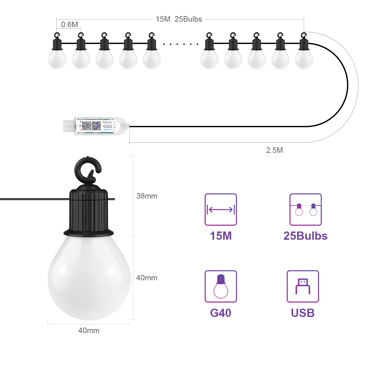 スマートWIFIとBluetooth G40 LED電球スト - Smart Garden Festoon Lights のレビューと価格